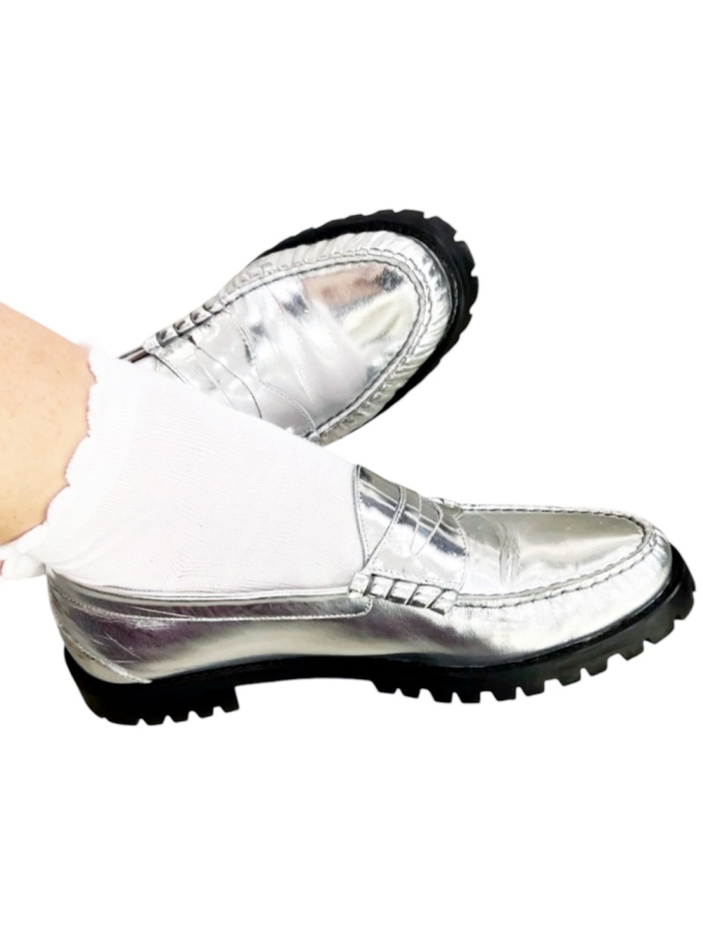 {J. Crew} Winona Silver Metallic Spazzolato Leather Lug-Sole Penny Loafers